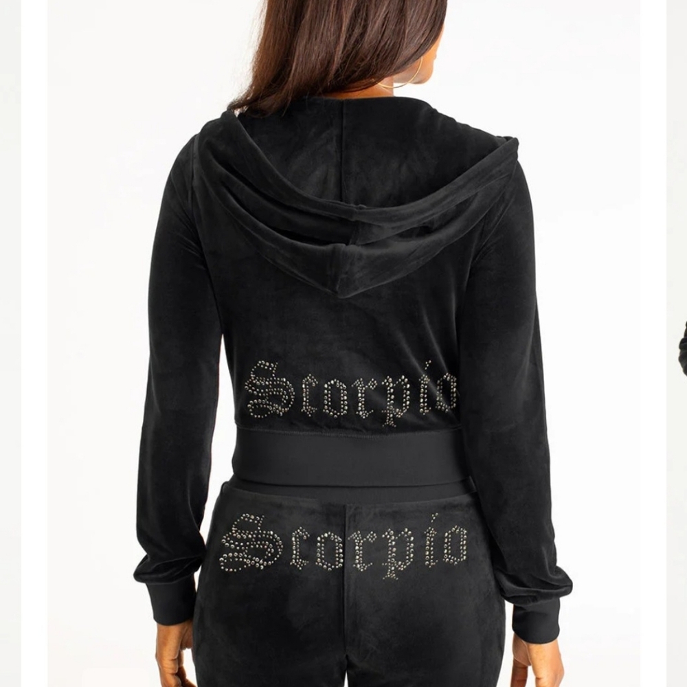 Juicy Couture Velour Black Tracksuit SCORPIO Zodiac Set Hoodie & Pants Size M